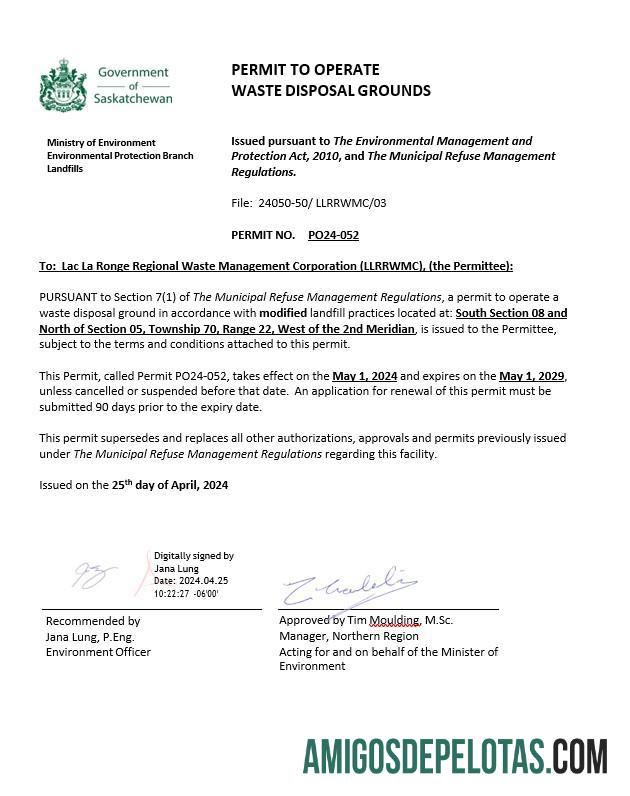 Canadá Saskatchewan, licença para operar áreas de eliminação de resíduos exemplo real